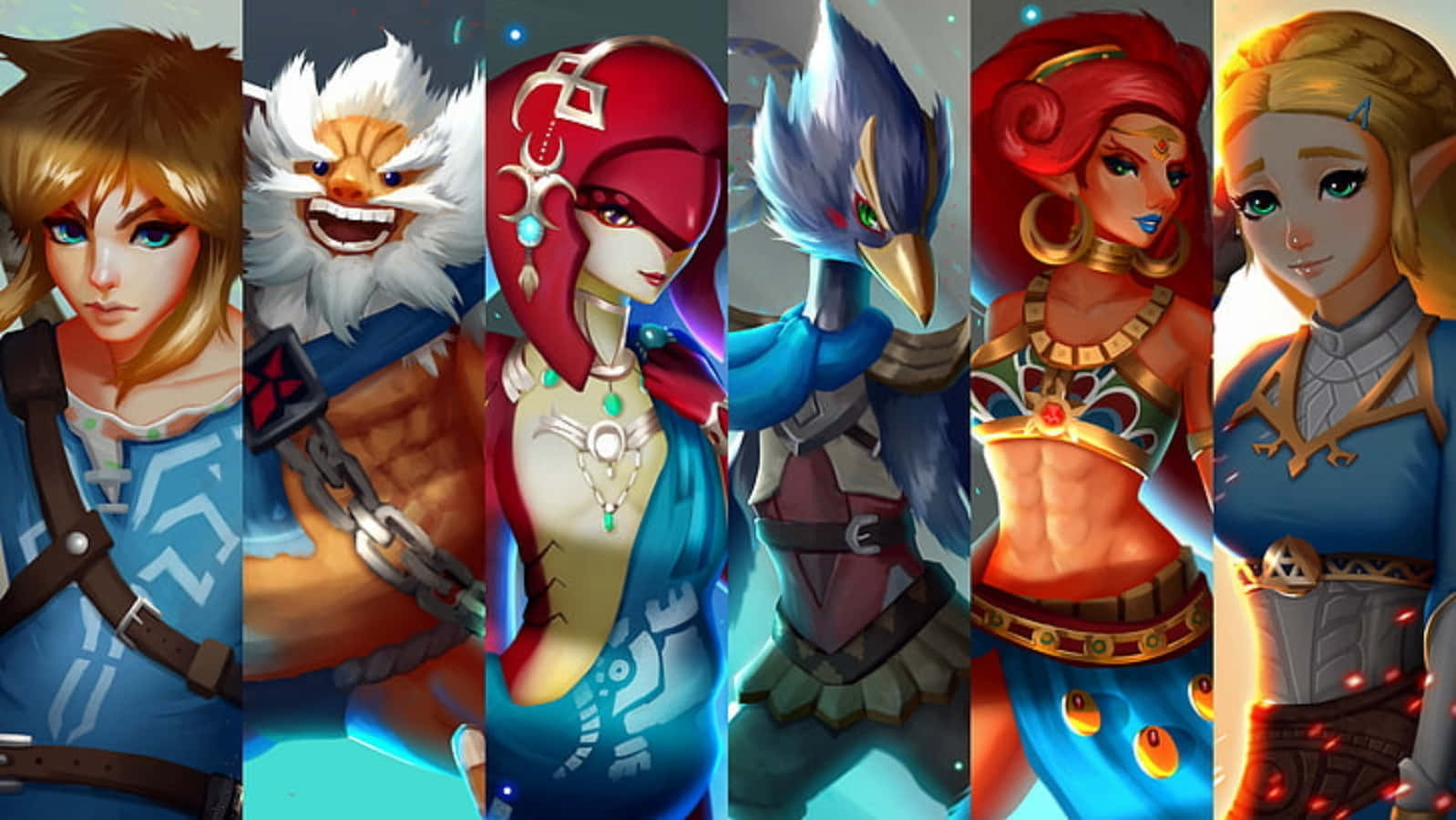 The Legend Of Zelda Characters 桌布 壁紙 — 六個風格化的奇幻角色穿著鮮豔服裝，並排站在發光的藍色背景前。