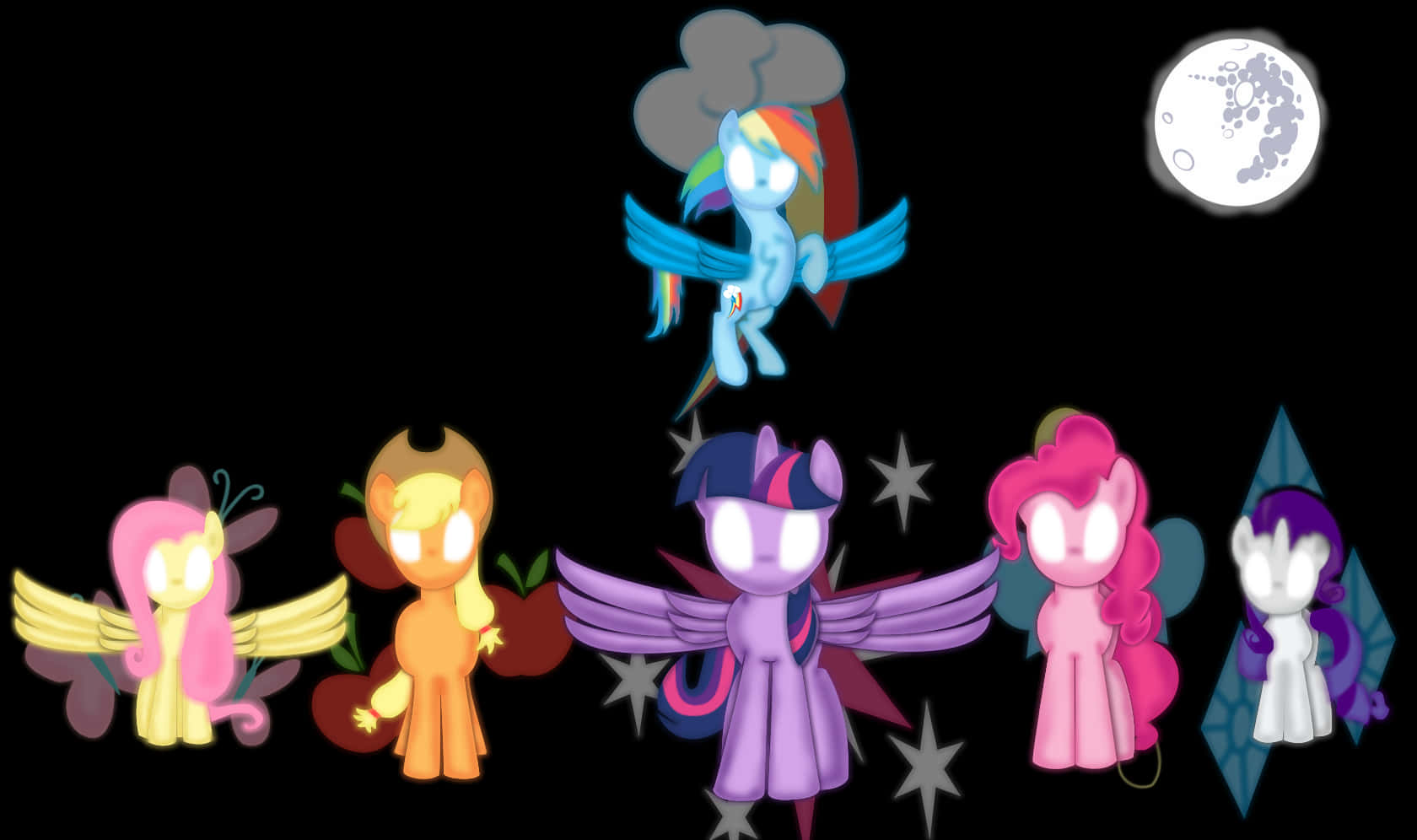 twilight sparkle 桌布 壁紙 — 六個風格化的小馬角色，擁有發光的眼睛和翅膀，在黑色天空中有星星和彎月漂浮。