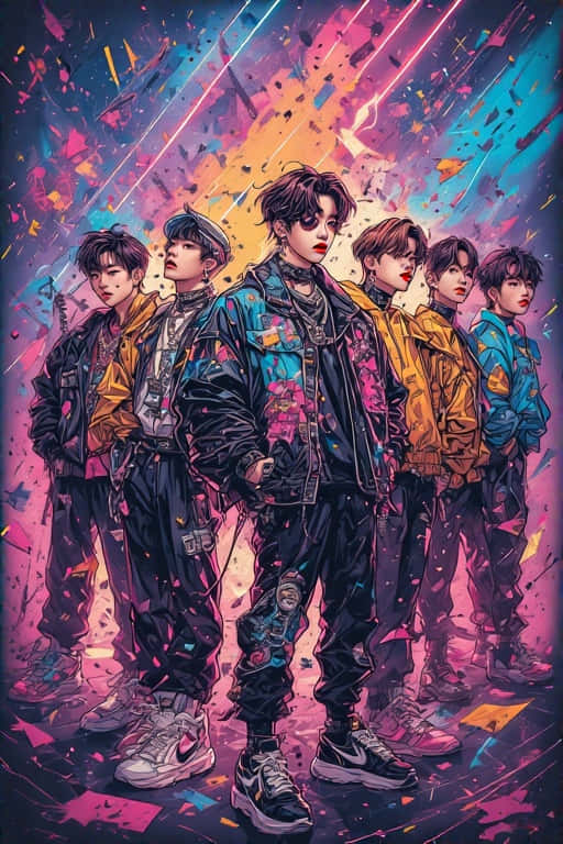 Fantasy Anime BTS-Inspired Characters Under Cosmic Sky 壁紙 — 六個風格化的年輕男子穿著色彩繽紛的夾克和運動鞋，自信地站在充滿條紋和五彩紙屑的充滿活力的宇宙背景前。