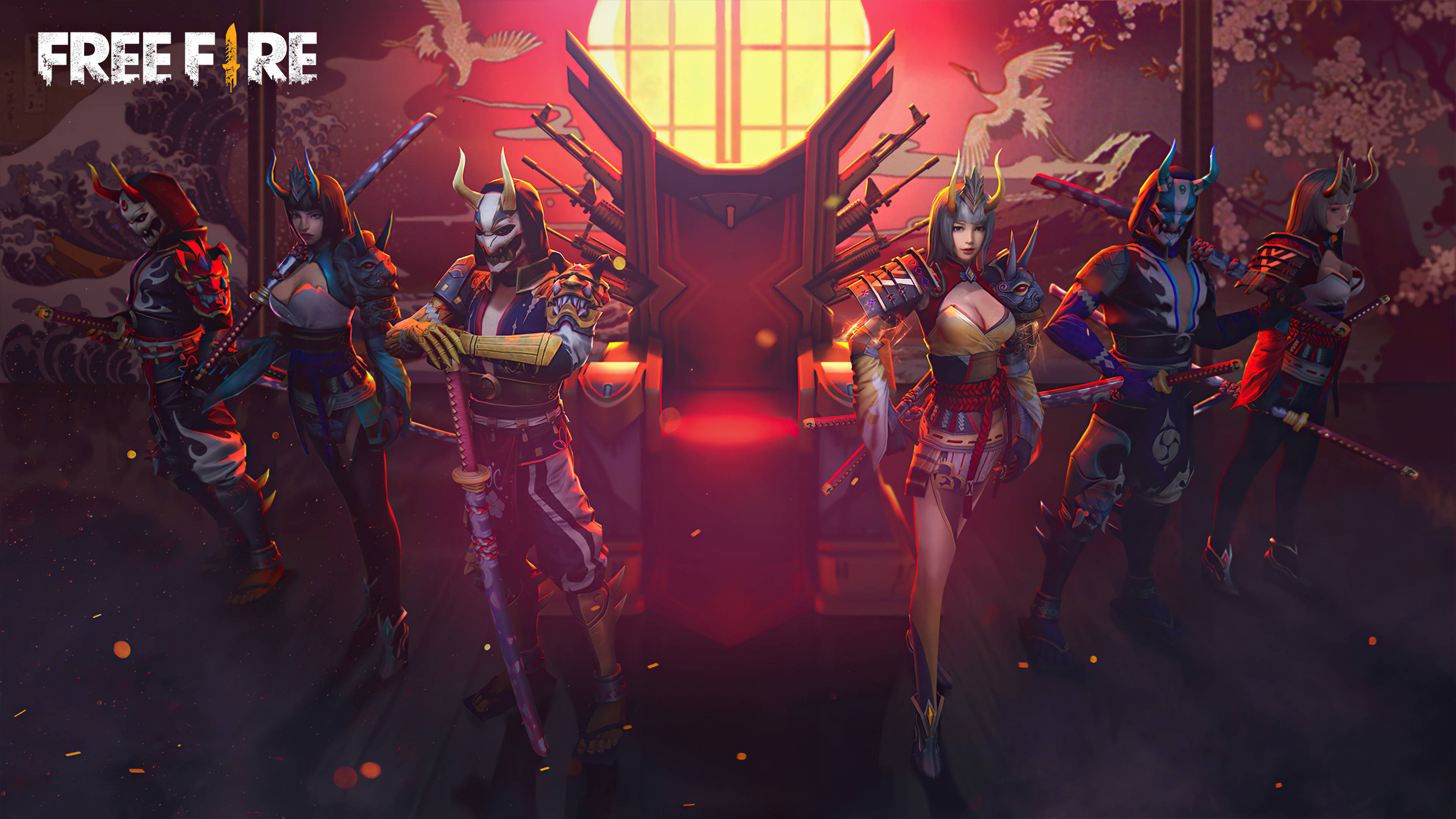 free fire bundle 桌布 壁紙 — 六個風格化的武士戰士穿著華麗盔甲，在櫻花背景下，於發光的紅太陽下持劍站立。