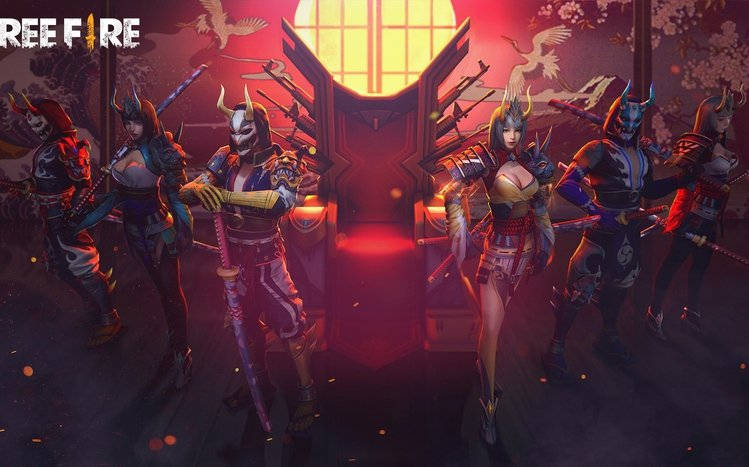 六個動漫風格的武士戰士穿著精細盔甲，在紅太陽和櫻花下持劍。 — Fire Emblem Warriors 壁紙
