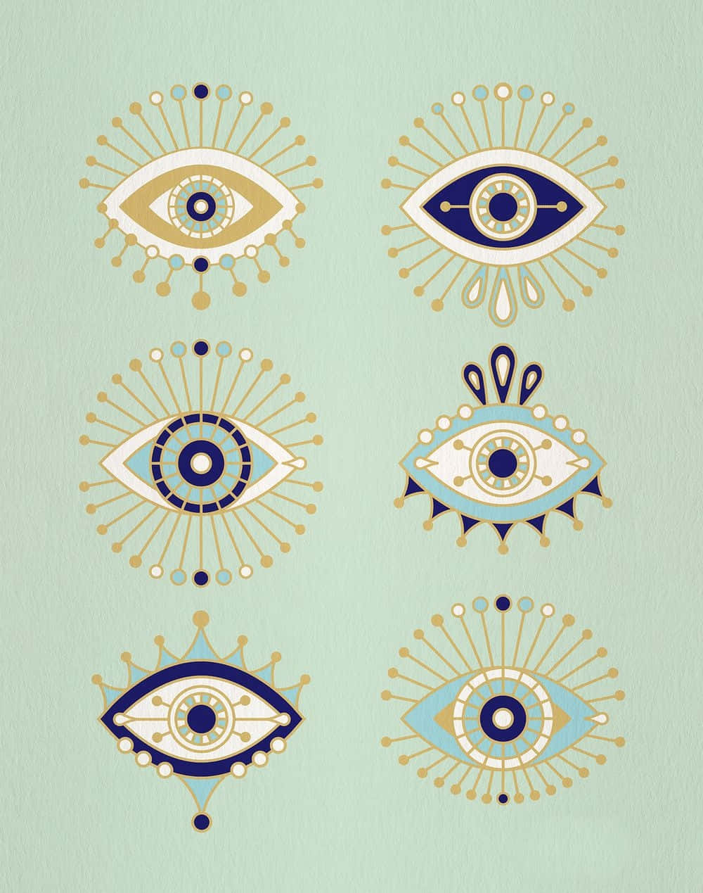 Evil Eye 桌布 壁紙 — 六個風格化的裝飾性眼睛，帶有幾何圖案和太陽光線，以藍色、金色和奶油色呈現在薄荷綠背景上。