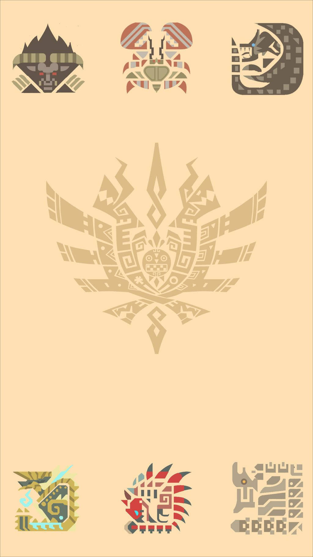 monster hunter iPhone 桌布 壁紙 — 六個風格化的部落面具和一個中央對稱的標誌，以大地色調呈現於米色背景上。