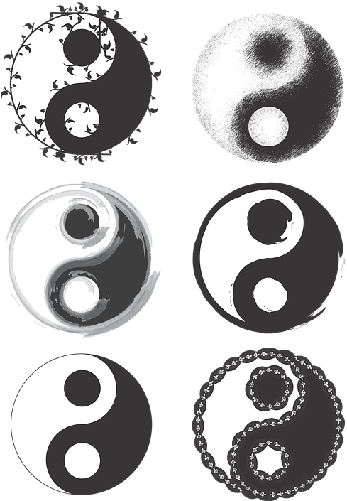 禪 桌布 壁紙 — 六個風格化的陰陽符號，以多種單色設計排列在黑色背景的網格中。