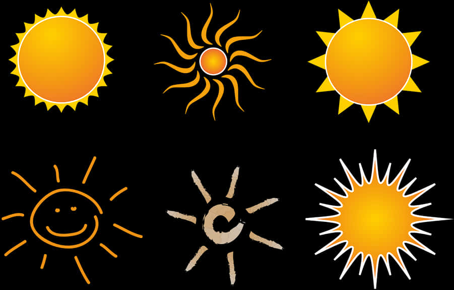Suns 桌布 壁紙 — 六個風格各異的太陽圖標在黑色背景上發光。