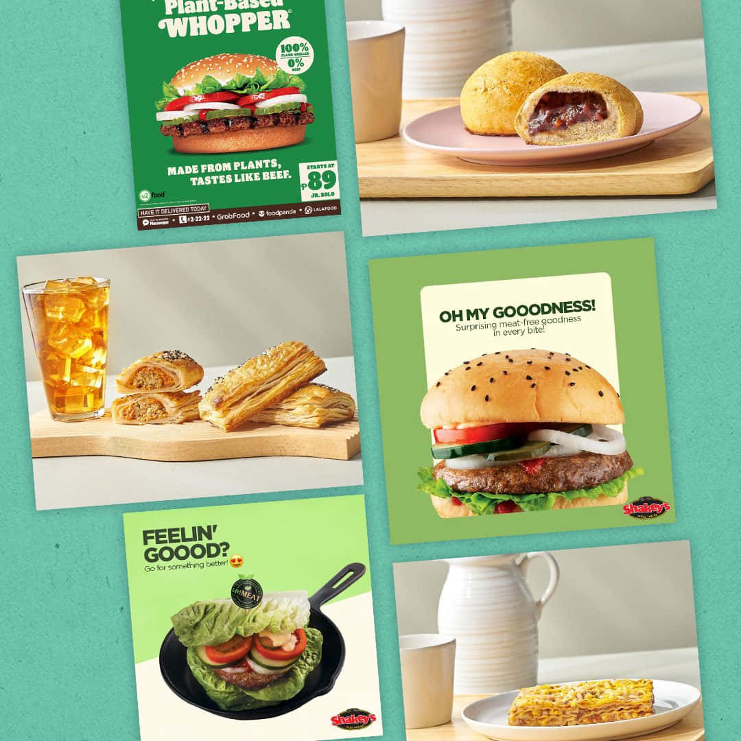 fast food 桌布 壁紙 — 六個食物廣告的拼貼，展示植物性漢堡、糕點和飲品，背景為青綠色。