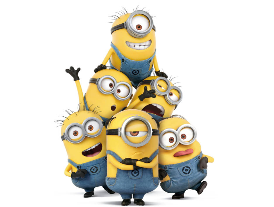 4K 桌布 壁紙 — 六個黃色Minions穿著藍色工裝褲、戴護目鏡，表情豐富，以白色背景堆疊成金字塔。