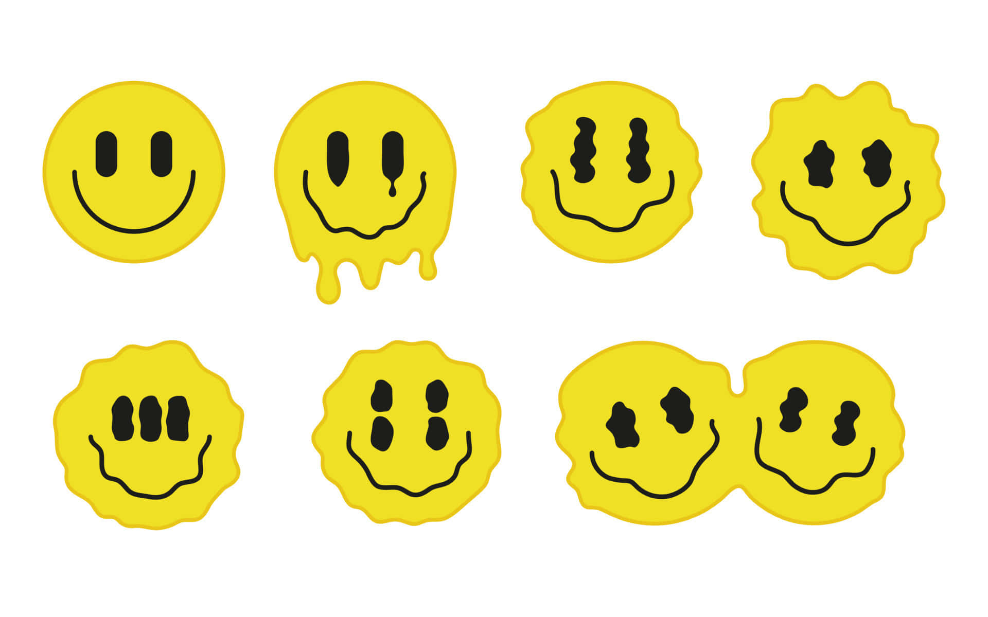 Aesthetic Trippy Smiley Face 桌布 壁紙 — 六個黃色笑臉，帶有融化及滴落效果，背景為白色。