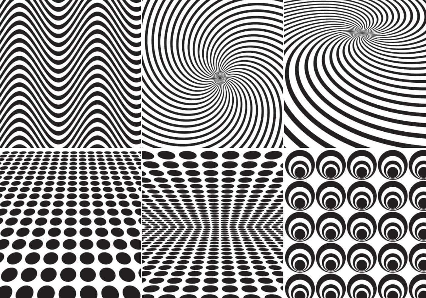 Geometric Pattern 桌布 壁紙 — 六個黑白錯覺圖案以螺旋、波浪和圓點創造出迷人的視覺扭曲效果。