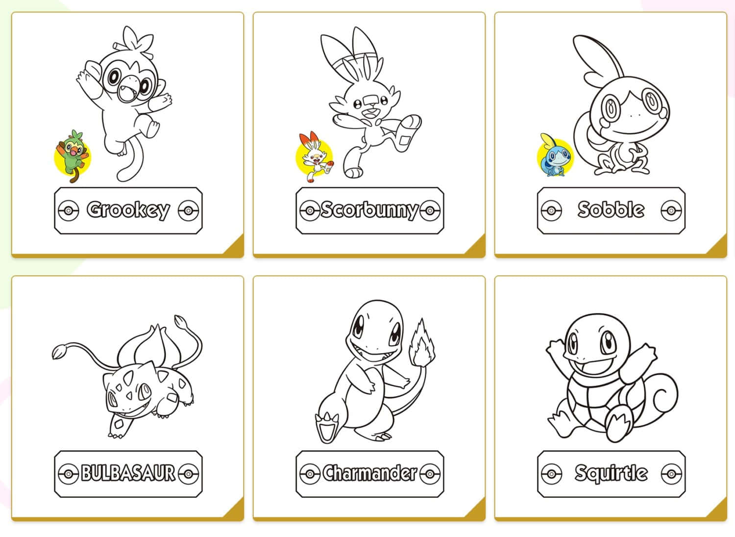 Pokemon Coloring 桌布 壁紙 — 六個黑色輪廓的寶可夢角色在白色卡片上，下方有小型彩色圖標和名稱。
