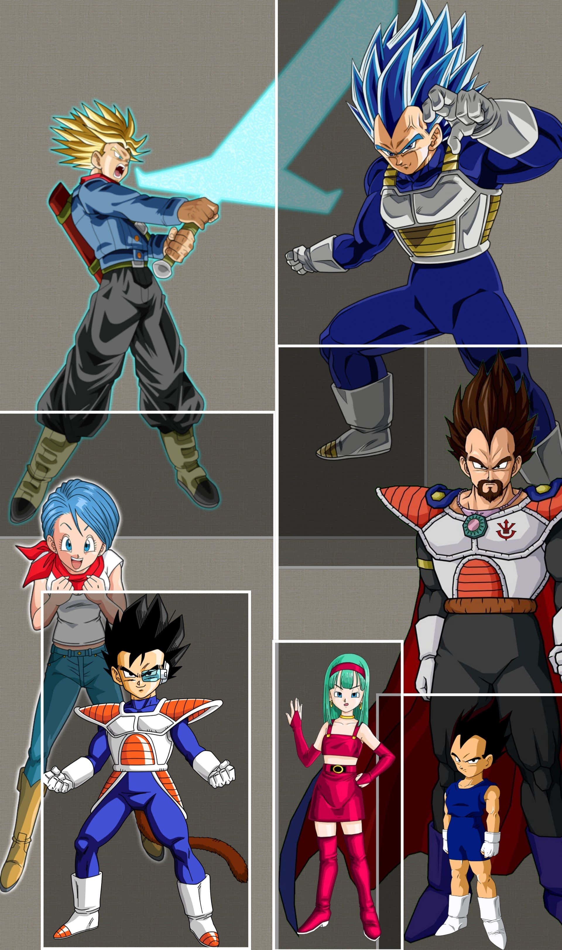 Vegeta's Family 桌布 壁紙 — 六個龍珠角色在純灰色背景上以動態姿勢展現，帶有發光能量效果。