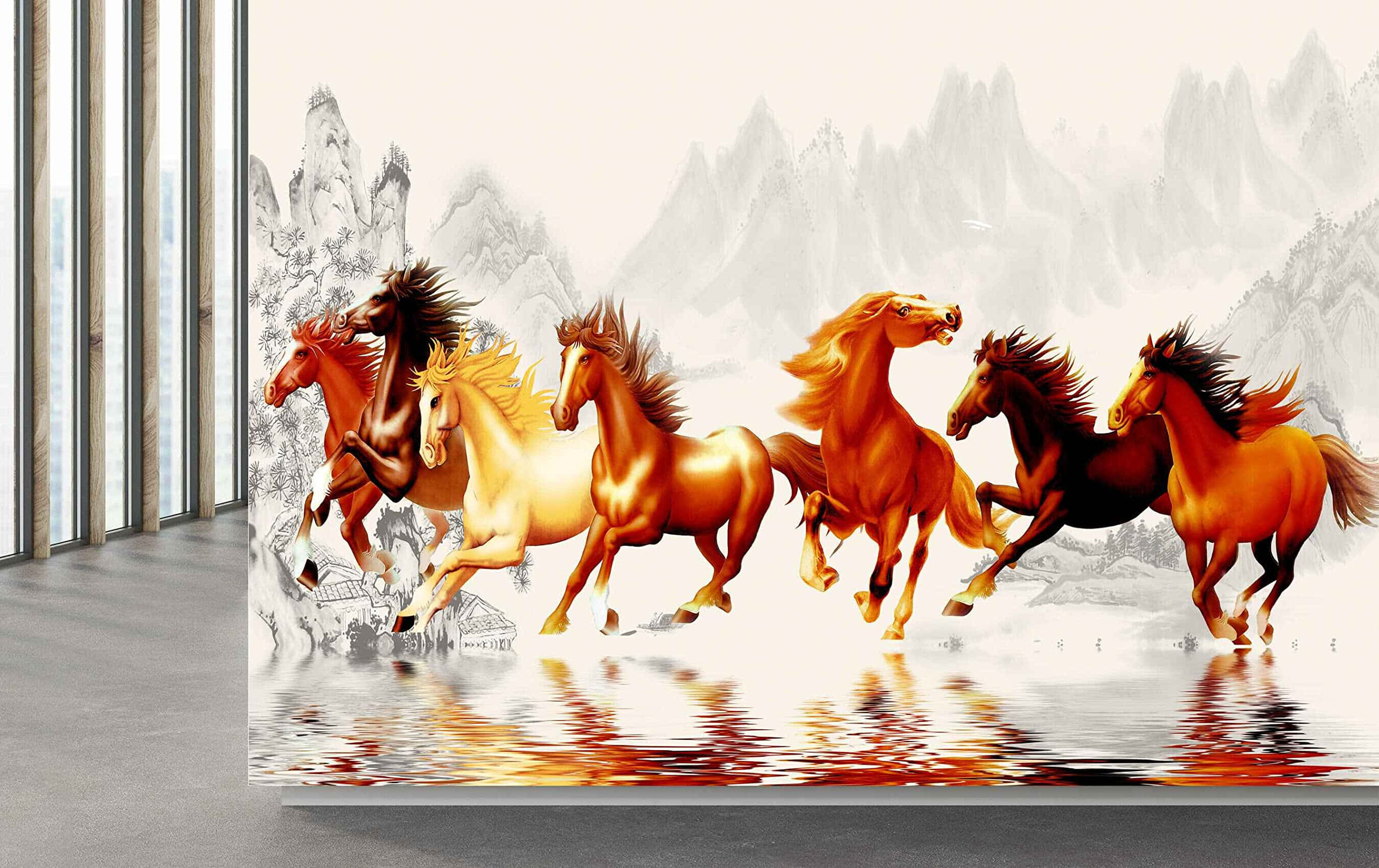 7 Horses 桌布 壁紙 — 六匹充滿活力的馬匹在反射水面上奔騰，背景是霧氣繚繞的山脈。