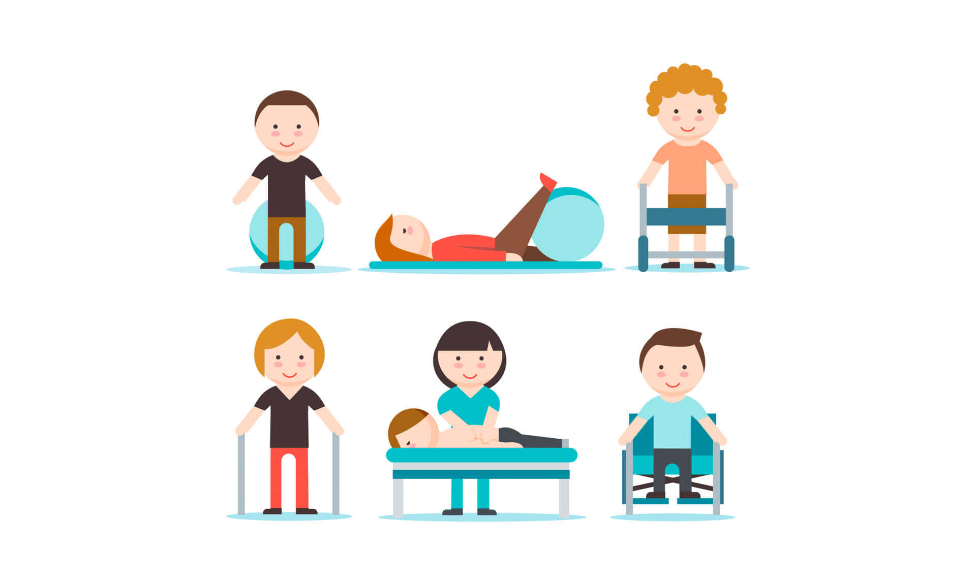 Exercise 桌布 壁紙 — 六名兒童使用治療設備進行物理康復的平面向量插圖。