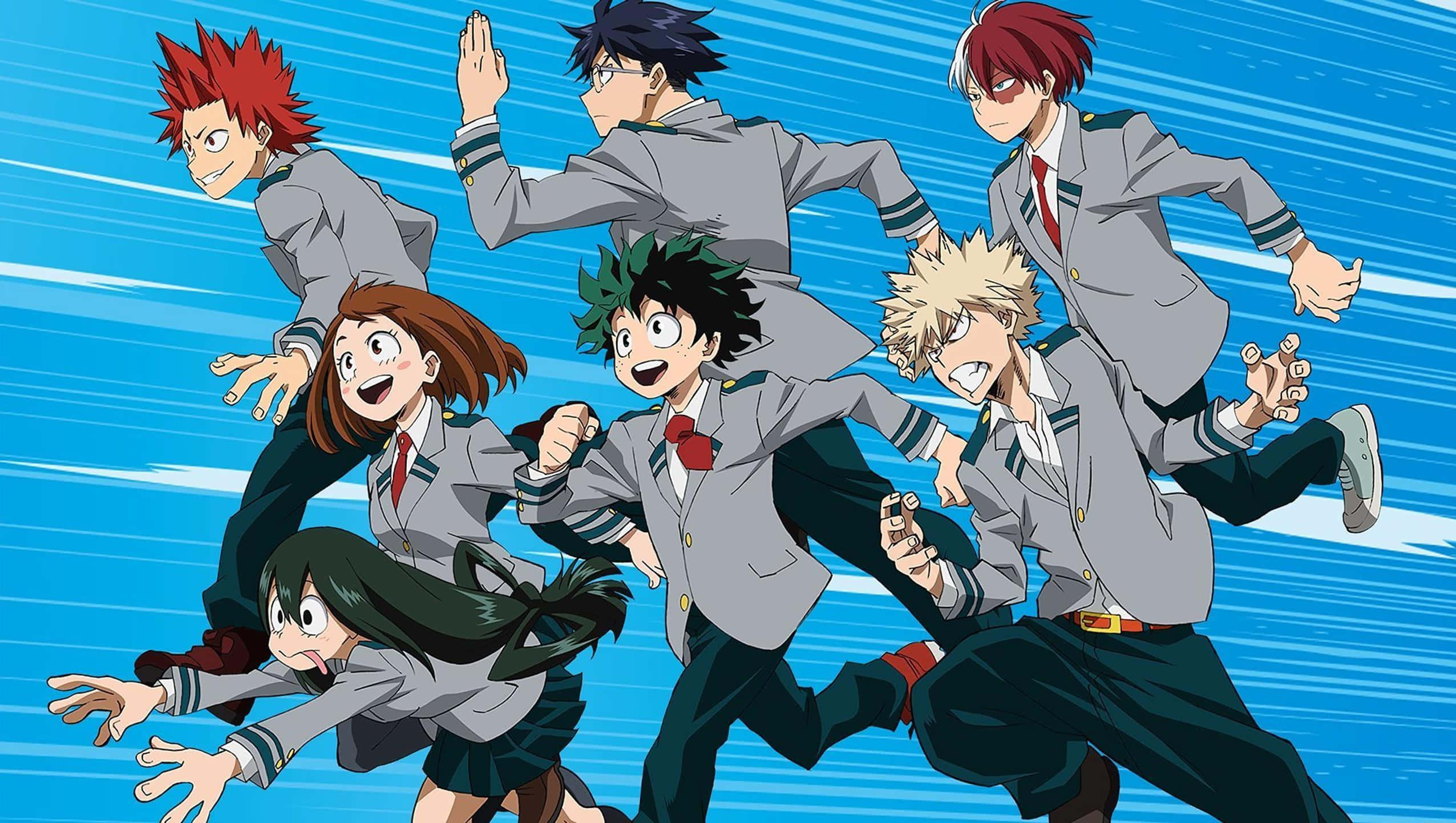 My Hero Academia Anime 桌布 壁紙 — 六名穿著校服的動漫學生在帶有條紋的藍色背景上動態衝刺。