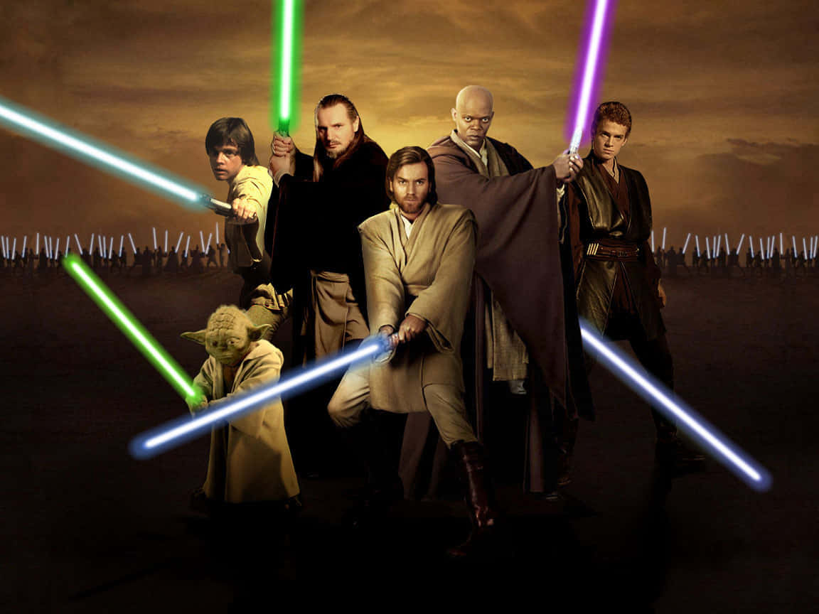 Jedi Knight 桌布 壁紙 — 六名絕地武士和尤達手持發光光劍，在暮色戰場背景下蓄勢待發。