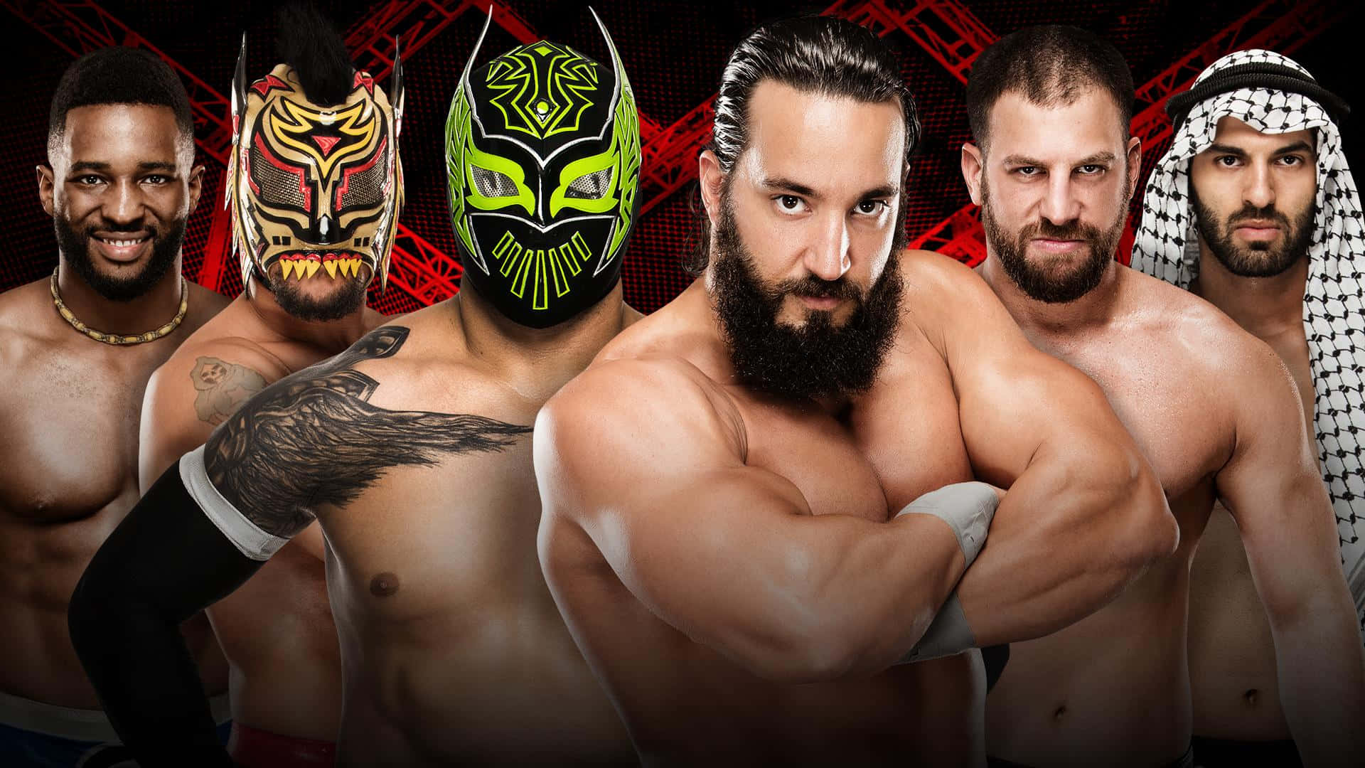 WWE 桌布 壁紙 — 六名肌肉發達的摔角手自信地擺姿勢，其中兩名戴面具、四名未戴面具，背景為紅色幾何圖案。