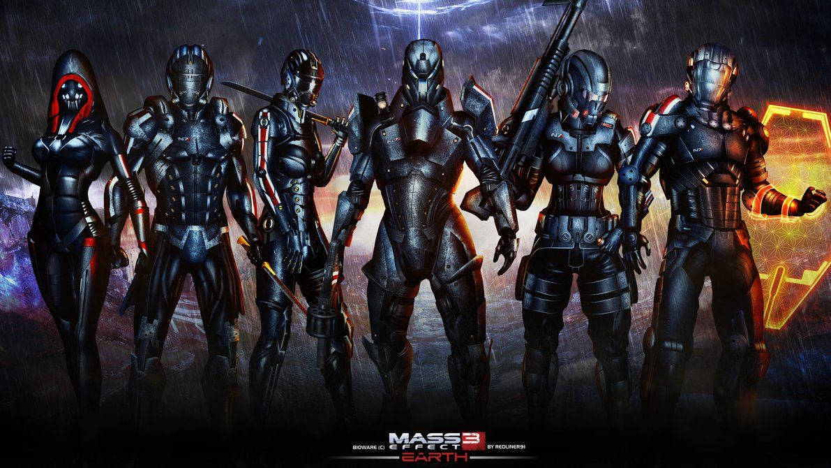 Mass Effect 3 桌布 壁紙 — 六名裝甲士兵站在風暴般的未來戰場上，散發著橙色光芒的能量和深色金屬套裝。