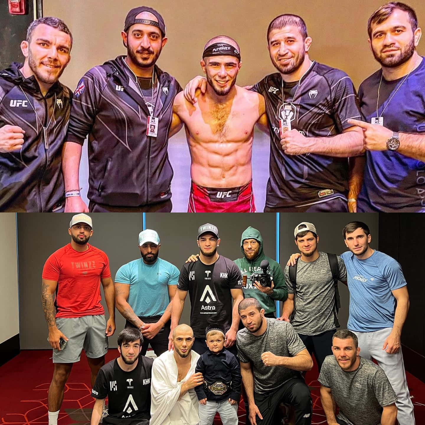 MMA 桌布 壁紙 — 六名身穿UFC裝備的男子在室內自信地擺姿勢，一人赤裸上身展現清晰腹肌，其他人穿著品牌運動服，對著鏡頭微笑。