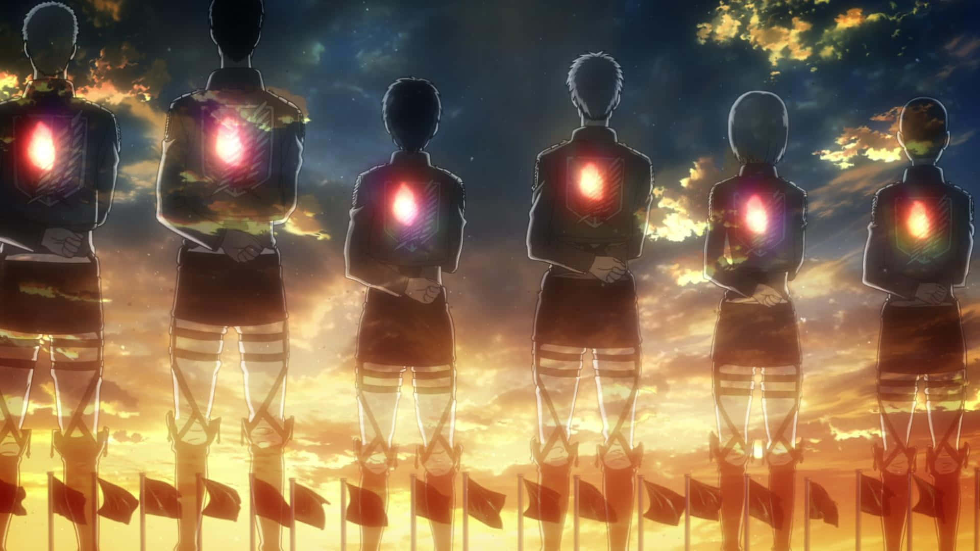 Attack On Titan Season 3 桌布 壁紙 — 六名身穿制服的士兵背對熾熱的夕陽站立，他們發光的胸口徽章在戲劇性的天空下投射出耀眼的光芒。