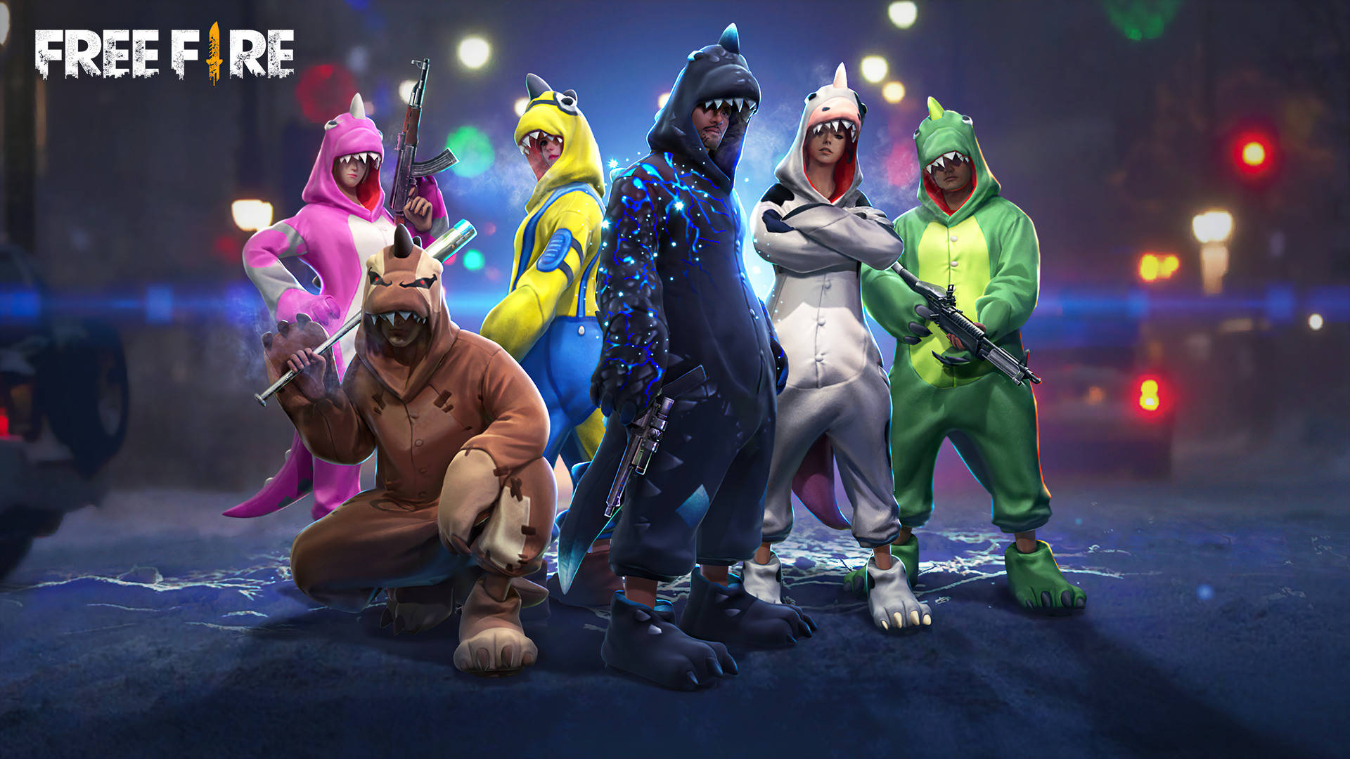 免費火焰罪犯組合 桌布 壁紙 — 六名身穿彩色動物連身衣的玩家在夜晚霓虹燈閃爍的都市街道上持槍擺姿勢。