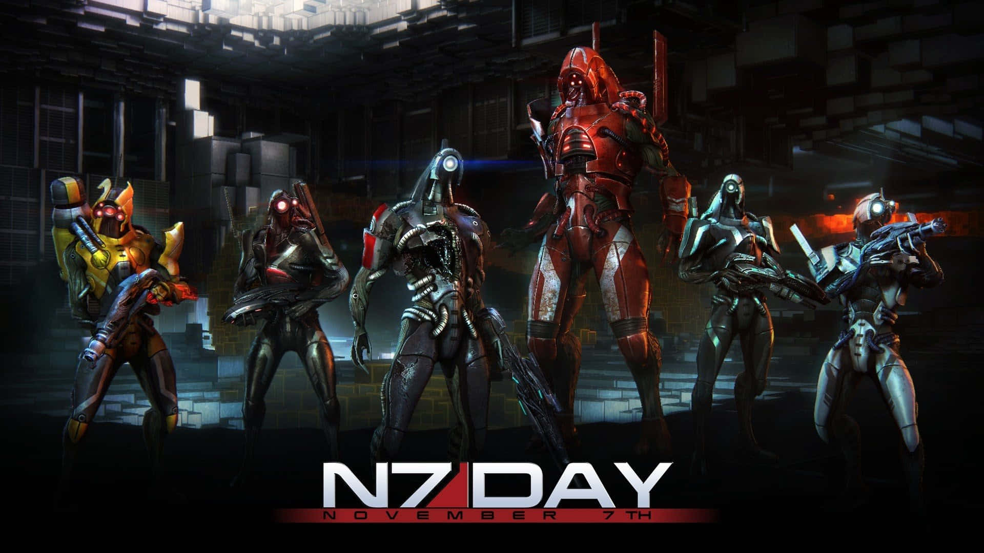 Mass Effect Multiplayer 桌布 壁紙 — 六名身穿未來戰鬥裝備的裝甲士兵站在黑暗的工業環境中，手持發光武器，周圍是紅色燈光。