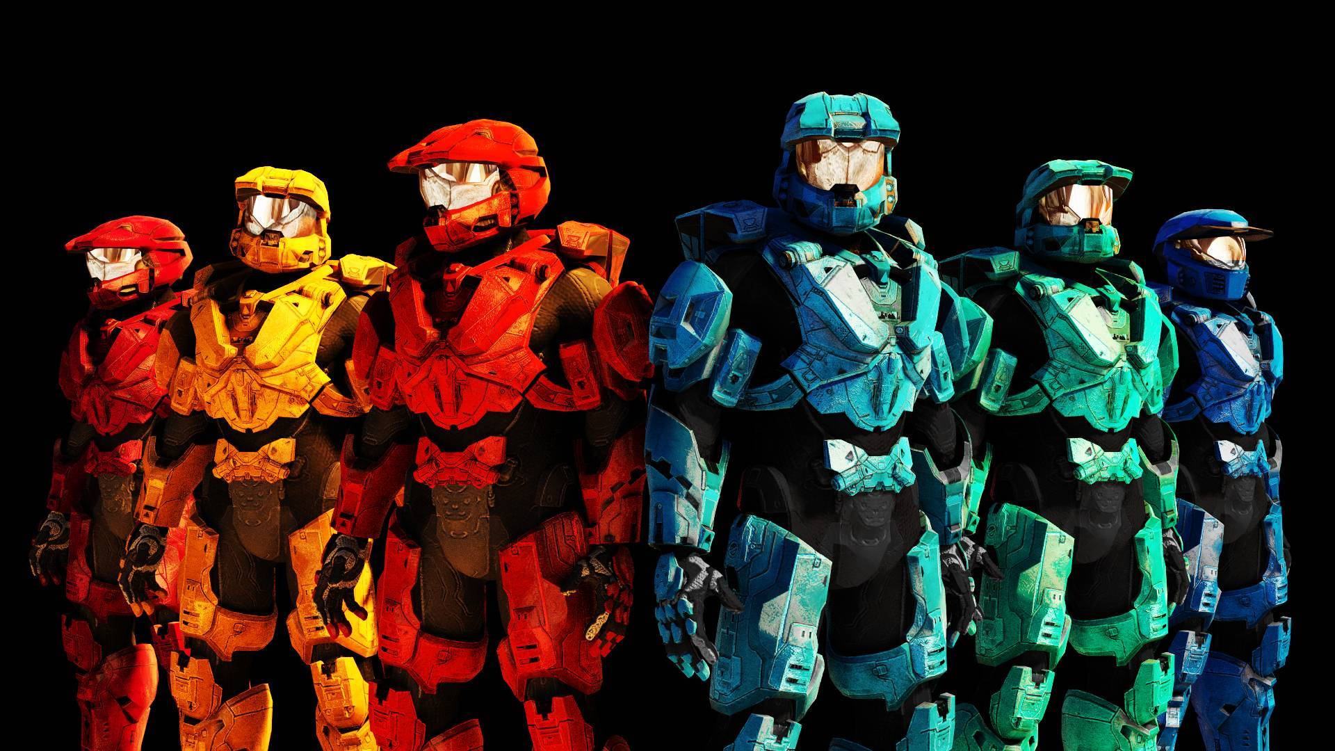 Red Vs Blue 桌布 壁紙 — 六名身穿紅、黃、藍色套裝的裝甲士兵排成一排，背景為黑色。