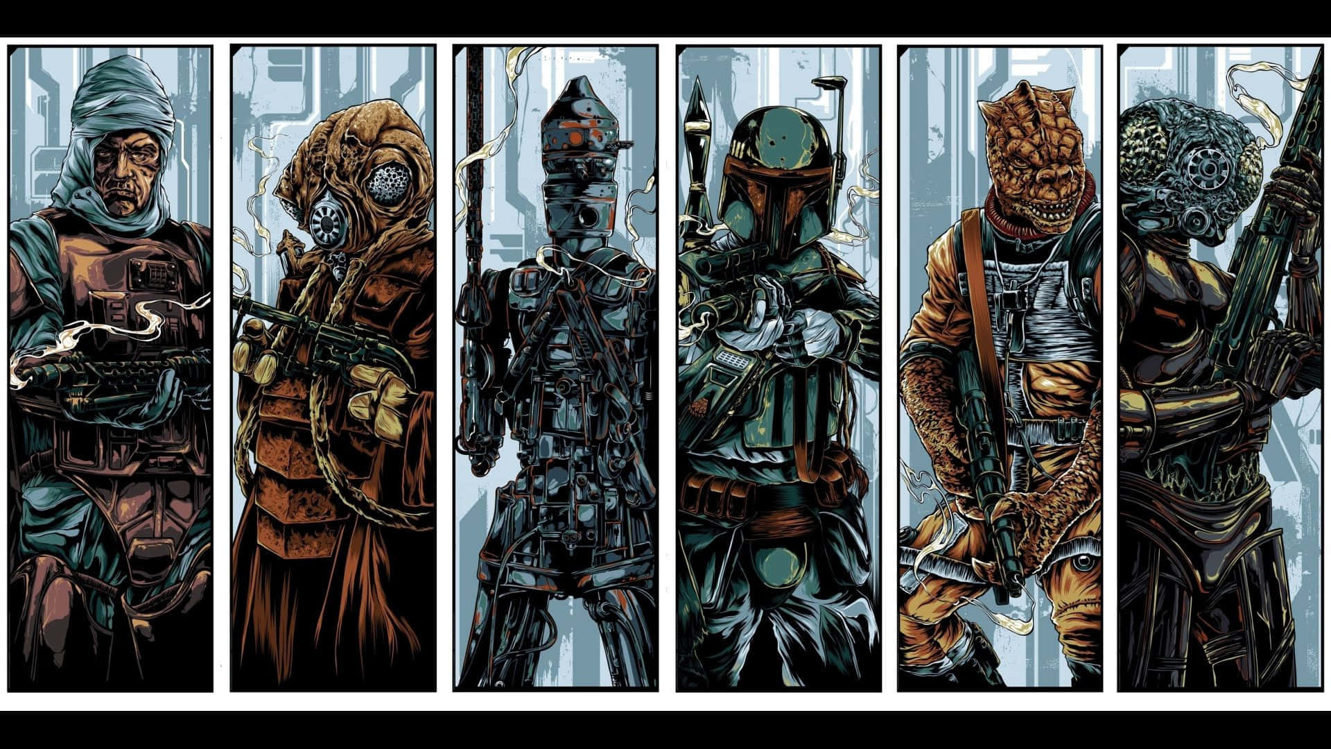 The War Of The Bounty Hunters 桌布 壁紙 — 六名身穿裝甲的賞金獵人排成一排，背景是未來城市，每人手持武器並戴著獨特的頭盔。