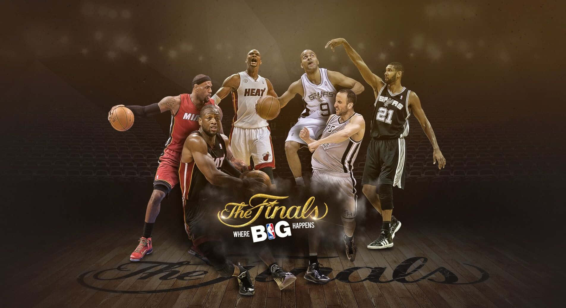 六名來自邁阿密熱火和聖安東尼奧馬刺的NBA球員擺出動態的籃球決賽姿勢。 — NBA 壁紙