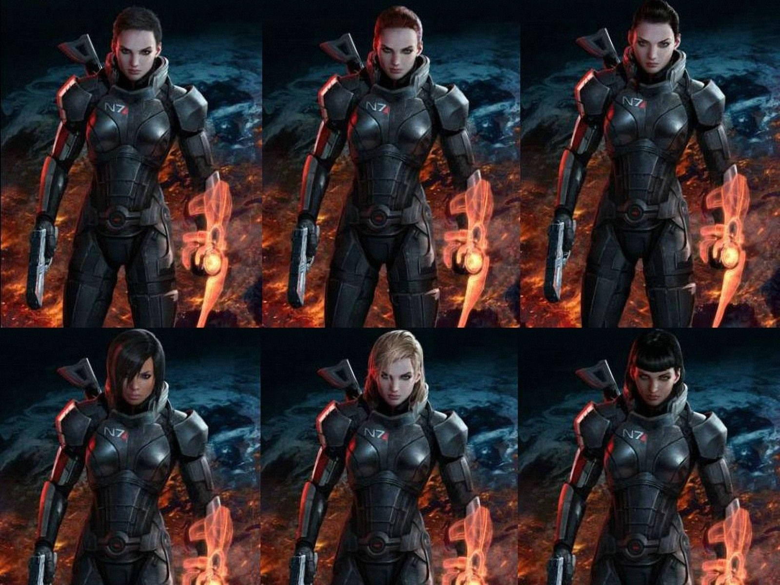 Mass Effect 3 桌布 壁紙 — 六名身穿黑色N7裝甲的女兵站在熾熱的外星景觀前，手持發光武器。