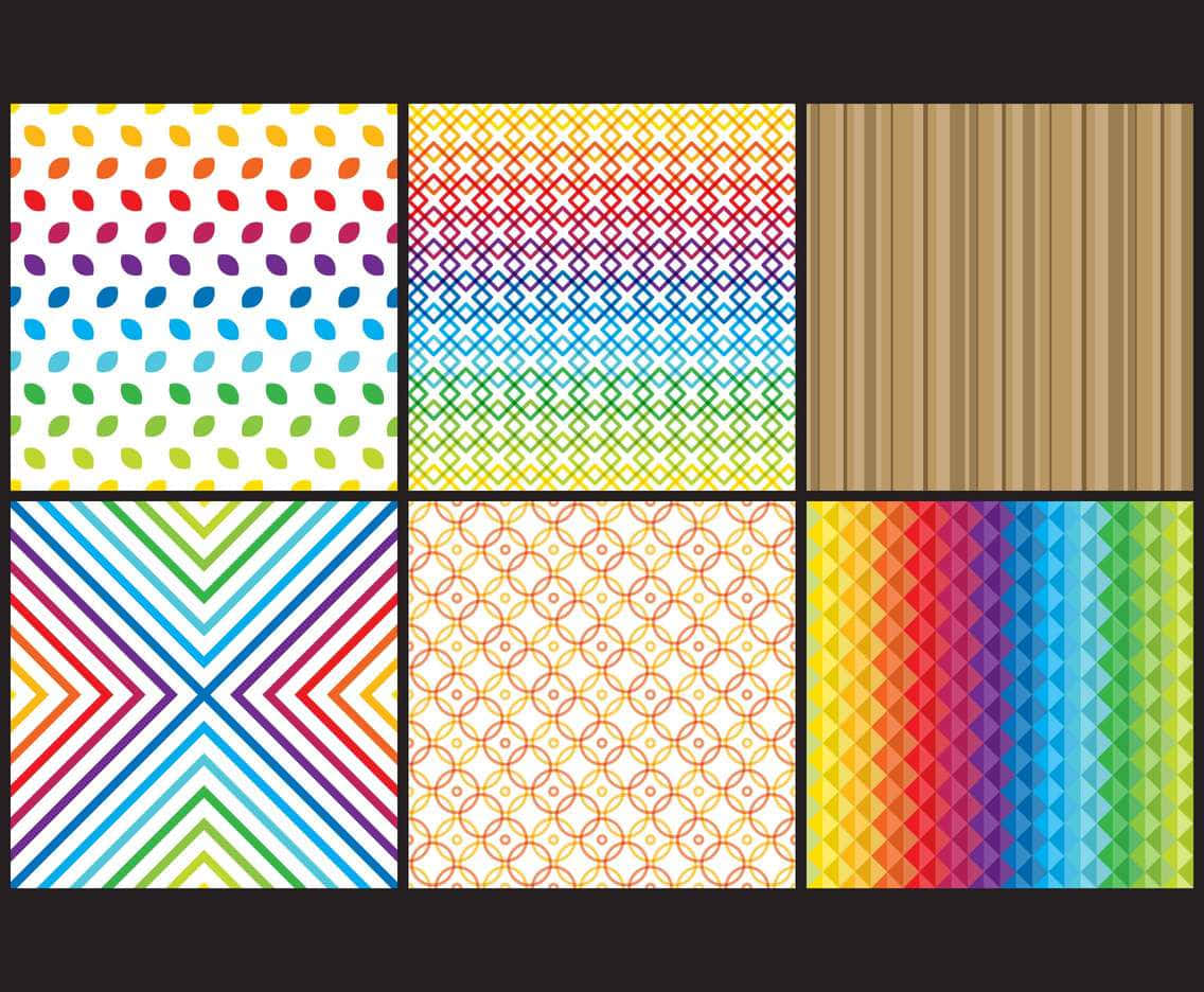 Geometric Pattern 桌布 壁紙 — 六塊色彩繽紛的幾何圖案瓷磚排列成網格，在深色背景上展示充滿活力的漸變、圓點、條紋和人字形圖案。