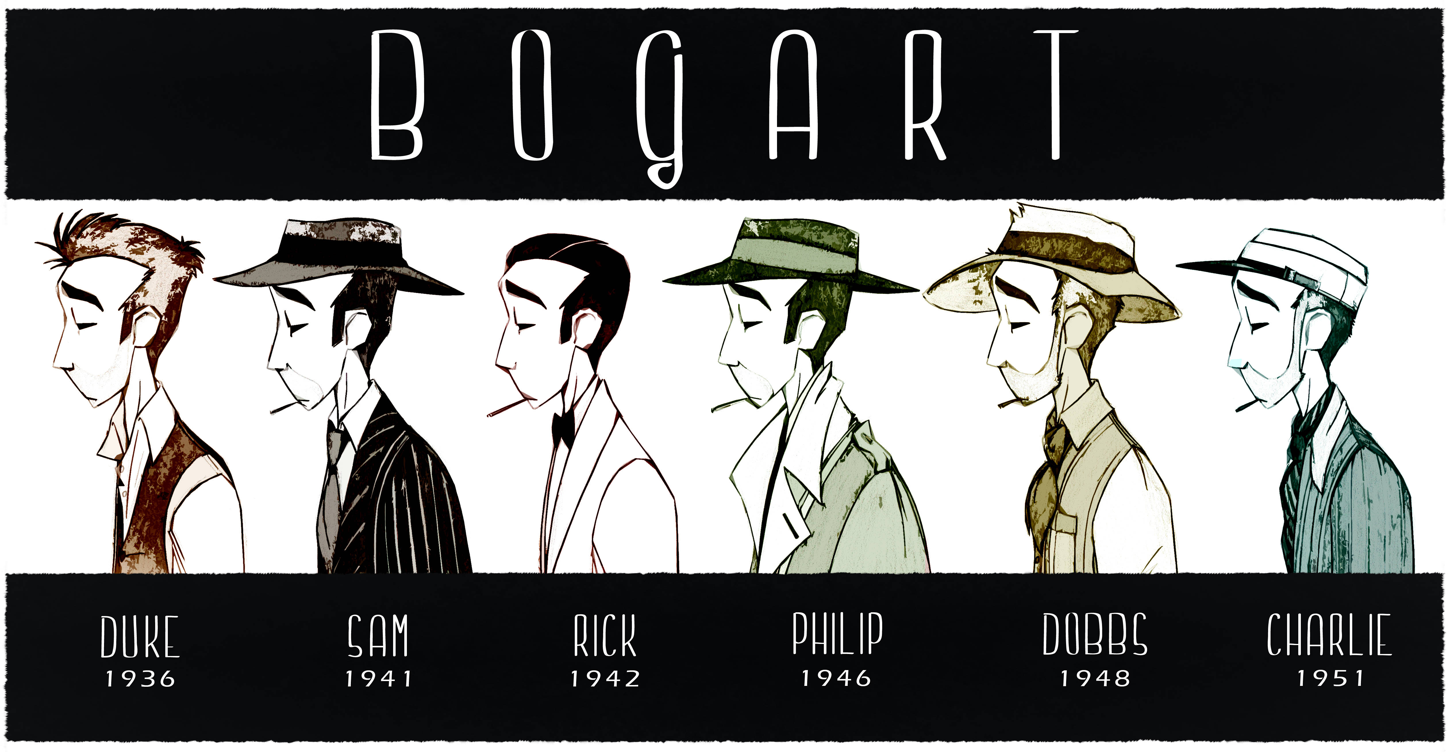 Casablanca 桌布 壁紙 — 六幅 Humphrey Bogart 從 1936 年到 1951 年標誌性角色的插圖側面輪廓，每幅均標有姓名和年份。