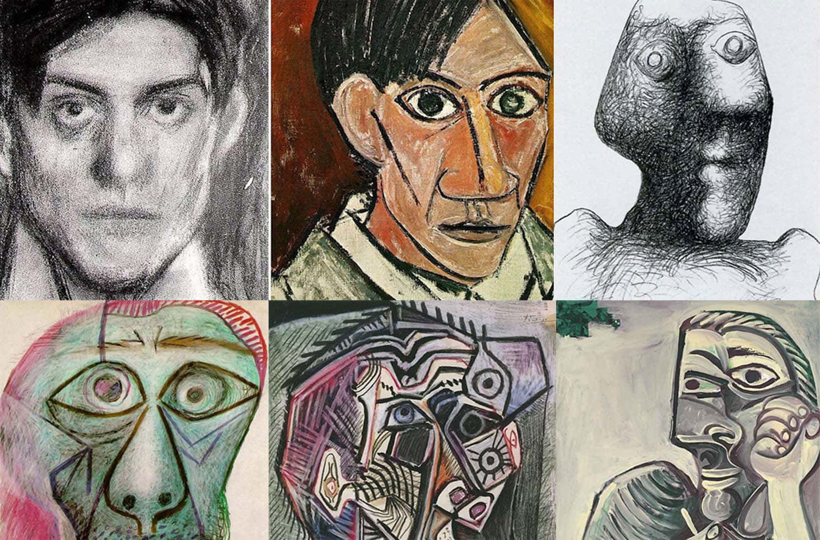 Picasso 桌布 壁紙 — 六幅以不同媒介創作的表現主義立體派肖像畫，以大膽線條和鮮豔色彩描繪扭曲的面孔。