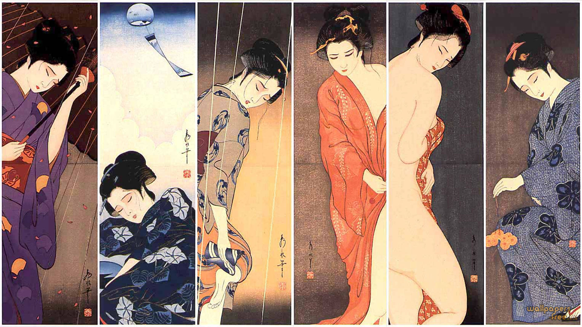 Geisha 桌布 壁紙 — 六幅傳統日本木版畫描繪了穿著優雅和服的女性，以寧靜、風格化的姿勢擺拍。