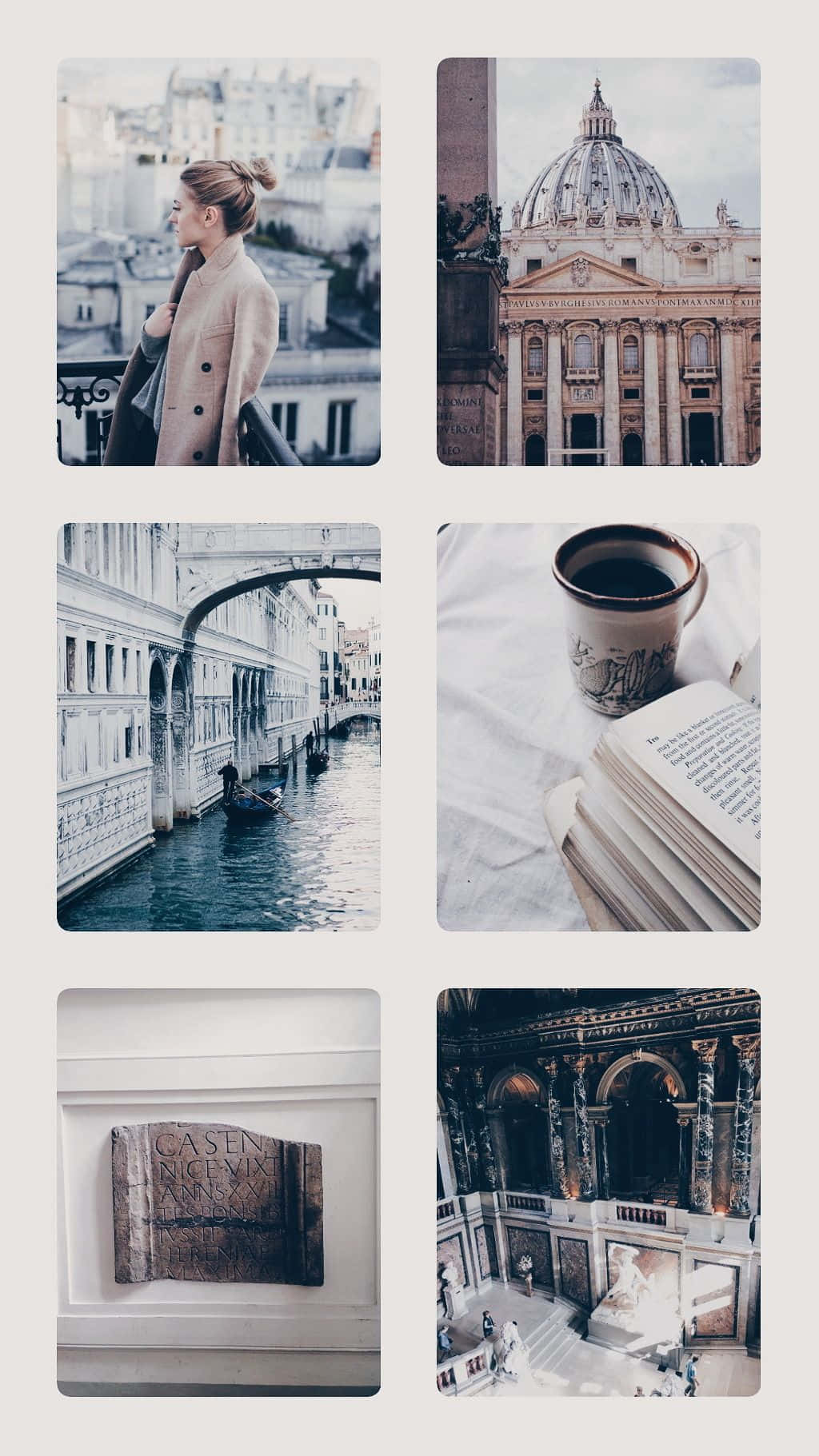 Dark Academia Aesthetic 桌布 壁紙 — 六幅寧靜歐洲場景的拼貼畫，包括一位穿著外套的女性俯瞰屋頂、聖彼得大教堂、運河上的貢多拉、一本打開的書旁邊的咖啡杯、一塊古代石碑以及一個宏偉的博物館內部。