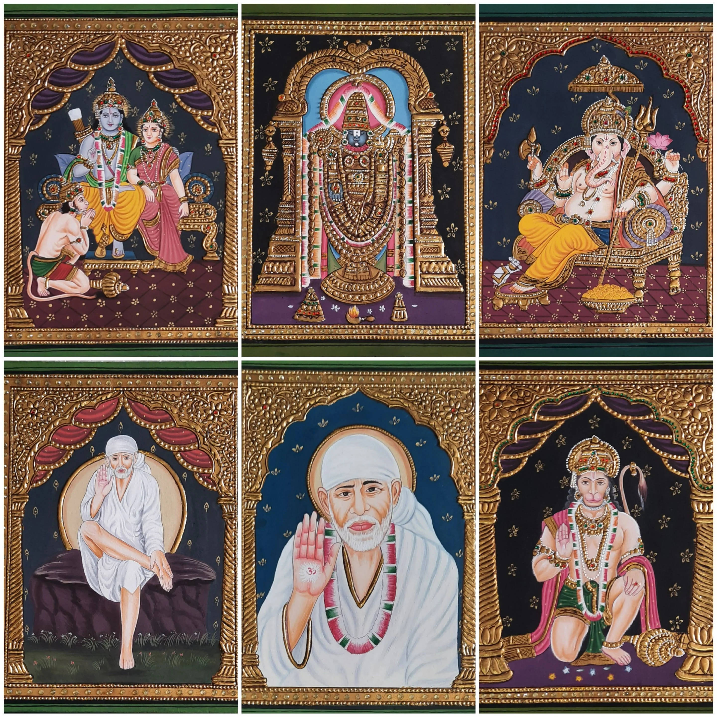 Indian 桌布 壁紙 — 六幅華麗的印度神祇肖像畫，鑲嵌在金色畫框中，以豐富的色彩和精緻的細節描繪印度教神祇和聖人。