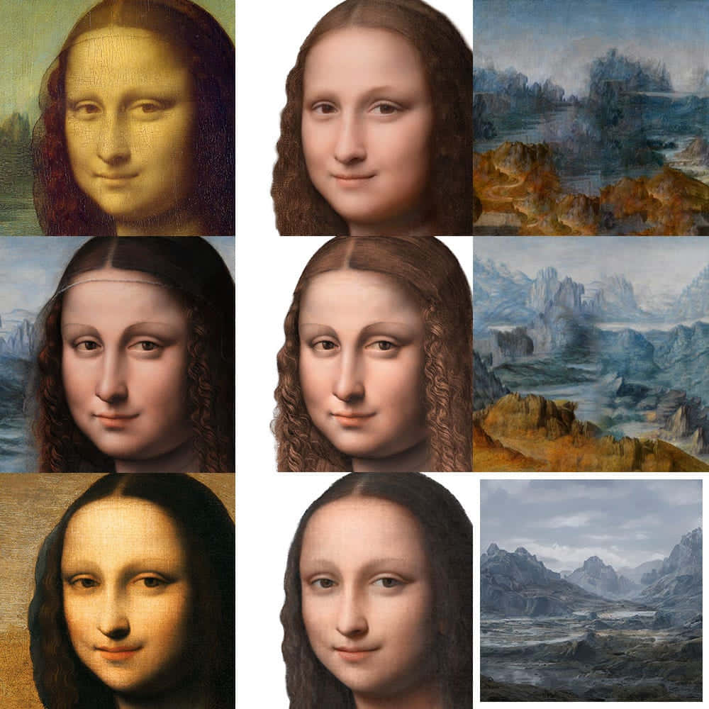 Mona Lisa 桌布 壁紙 — 六幅蒙娜麗莎肖像和三幅山景的拼貼畫，風格和光線條件各異。