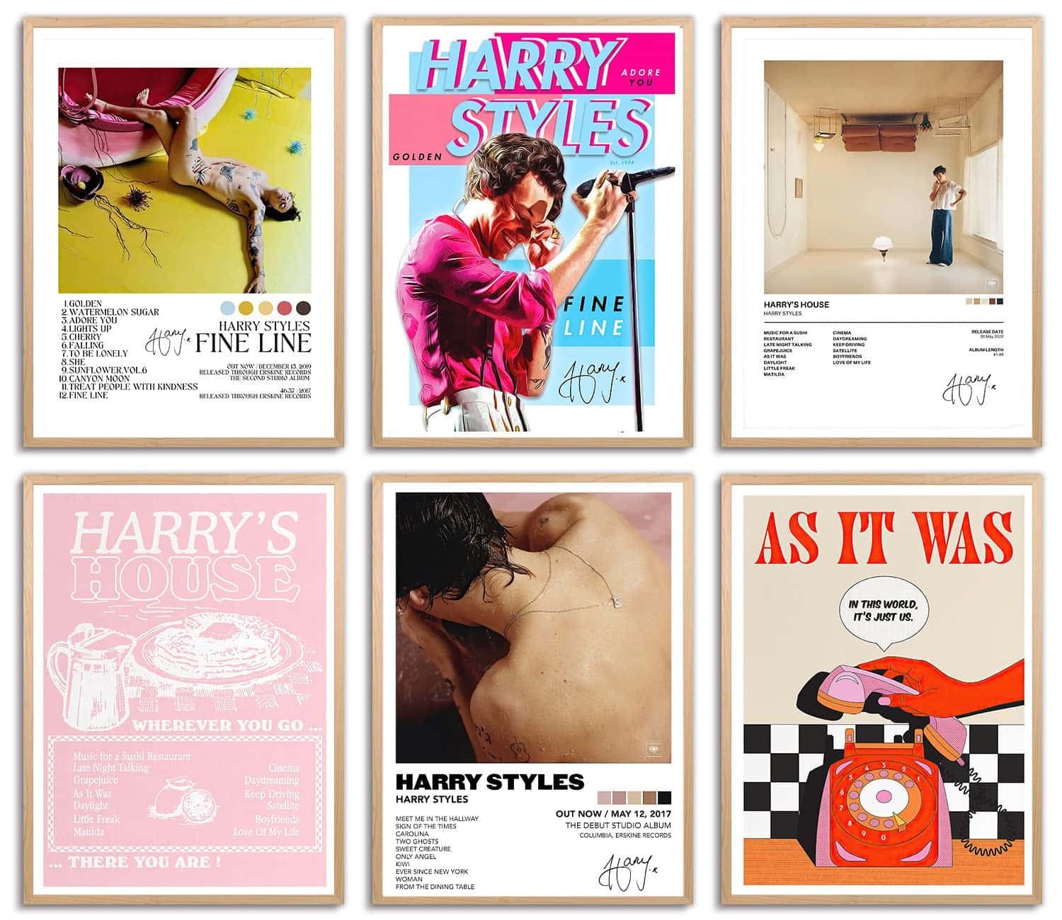 Harry Styles Collage 桌布 壁紙 — 六幅裱框的Harry Styles專輯藝術海報以網格形式展示，展現充滿活力的普普藝術和極簡設計。