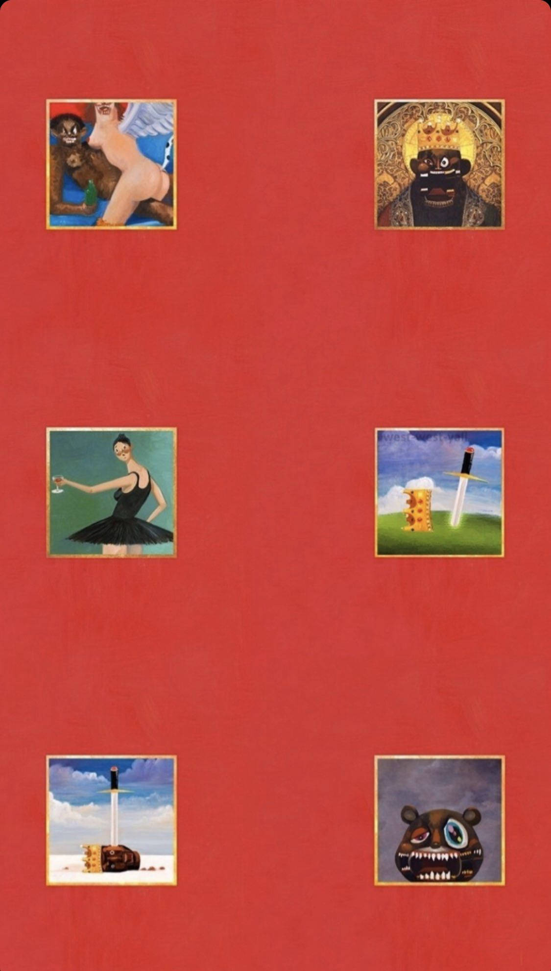 Kanye West Album Cover 桌布 壁紙 — 六幅超現實主義的裱框藝術品漂浮在純紅色背景上，包含芭蕾舞者、戴皇冠的人物、塔中的劍和怪異面孔。