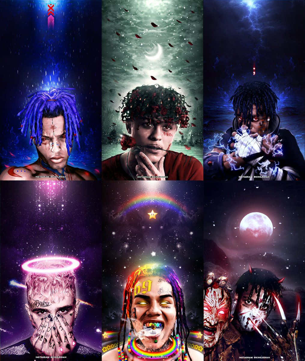 Rapper Collage 桌布 壁紙 — 六幅風格化的數位肖像，描繪一名擁有鮮豔髮色和刺青的男子，背景為宇宙或超自然場景。