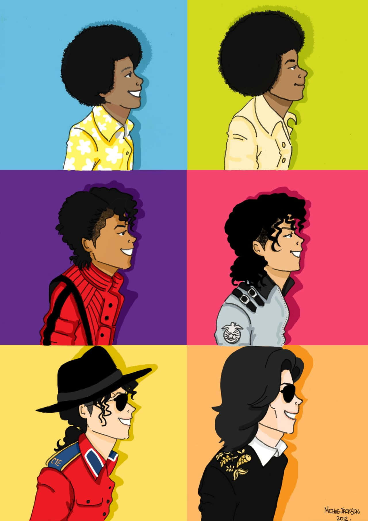Young Michael Jackson 桌布 壁紙 — 六幅麥可·傑克森的鮮豔流行藝術肖像，穿著標誌性服裝，背景是大膽的顏色。