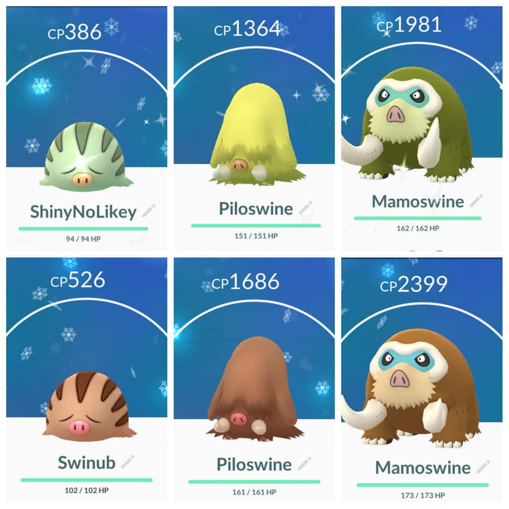 寶可夢 桌布 壁紙 — 六張 Pokémon 卡牌展示 ShinyNoLikey Piloswine 和 Mamoswine 在雪地冬季場景中，附有 CP 和 HP 數值。