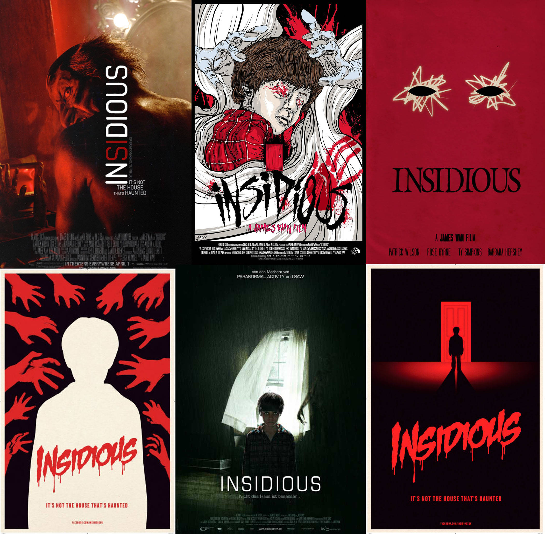 Insidious 桌布 壁紙 — 六張《陰兒房》恐怖電影海報，包含令人毛骨悚然的圖像，如抓握的手、紅眼睛和黑暗房間裡的孩子。