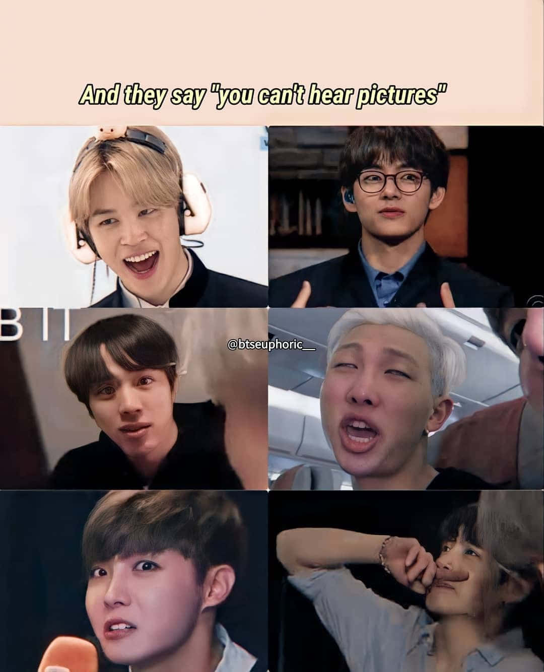 BTS 桌布 壁紙 — 六張K-pop偶像表情豐富的特寫鏡頭，在迷因拼貼中表現出驚喜和頑皮的反應。
