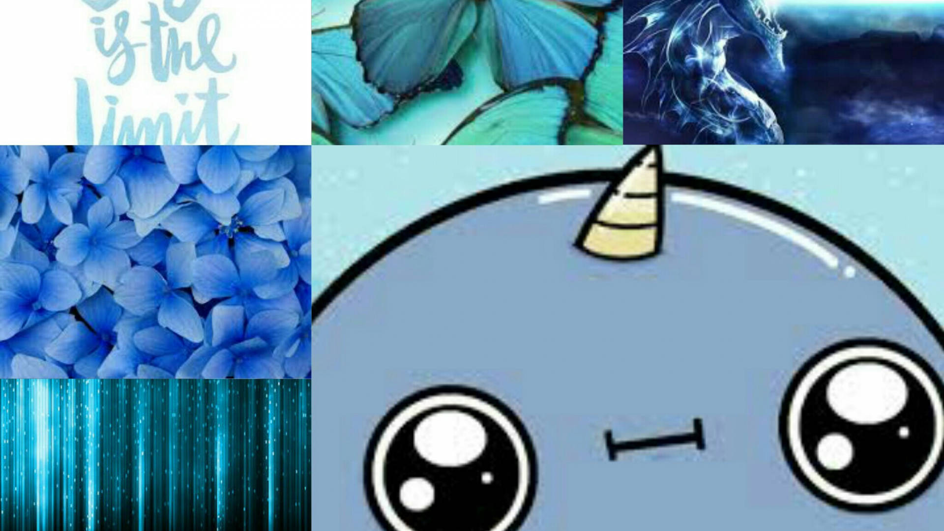 Narwhal 桌布 壁紙 — 六張不同圖片的拼貼：勵志文字、蝴蝶、藍色花朵、發光的淺藍色抽象圖案和卡通一角鯨。