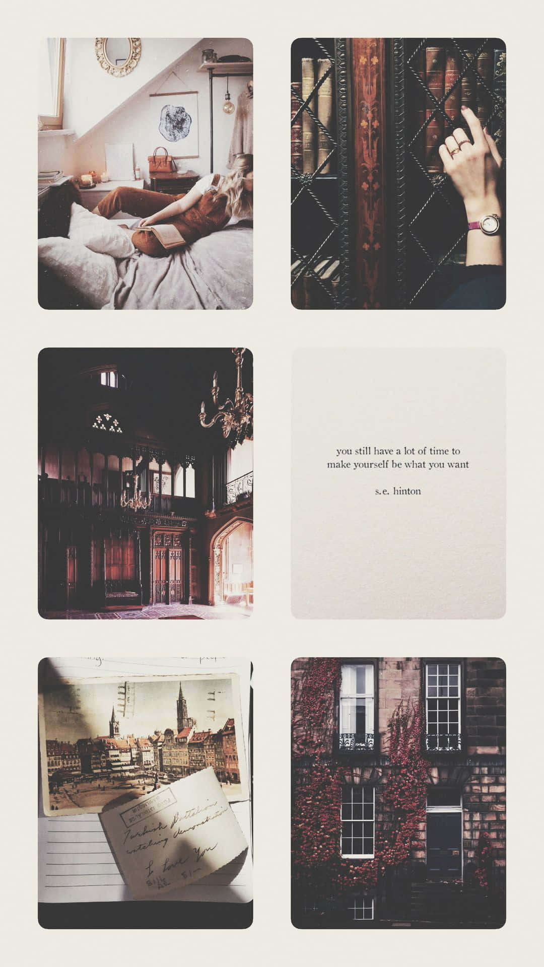 Dark Academia Aesthetic 桌布 壁紙 — 六張充滿懷舊氣息的復古風格圖片拼貼：一個人在床上閱讀、一隻手放在書架上、華麗的大廳、名言卡、帶手寫便條的城市照片，以及常春藤覆蓋的窗戶。
