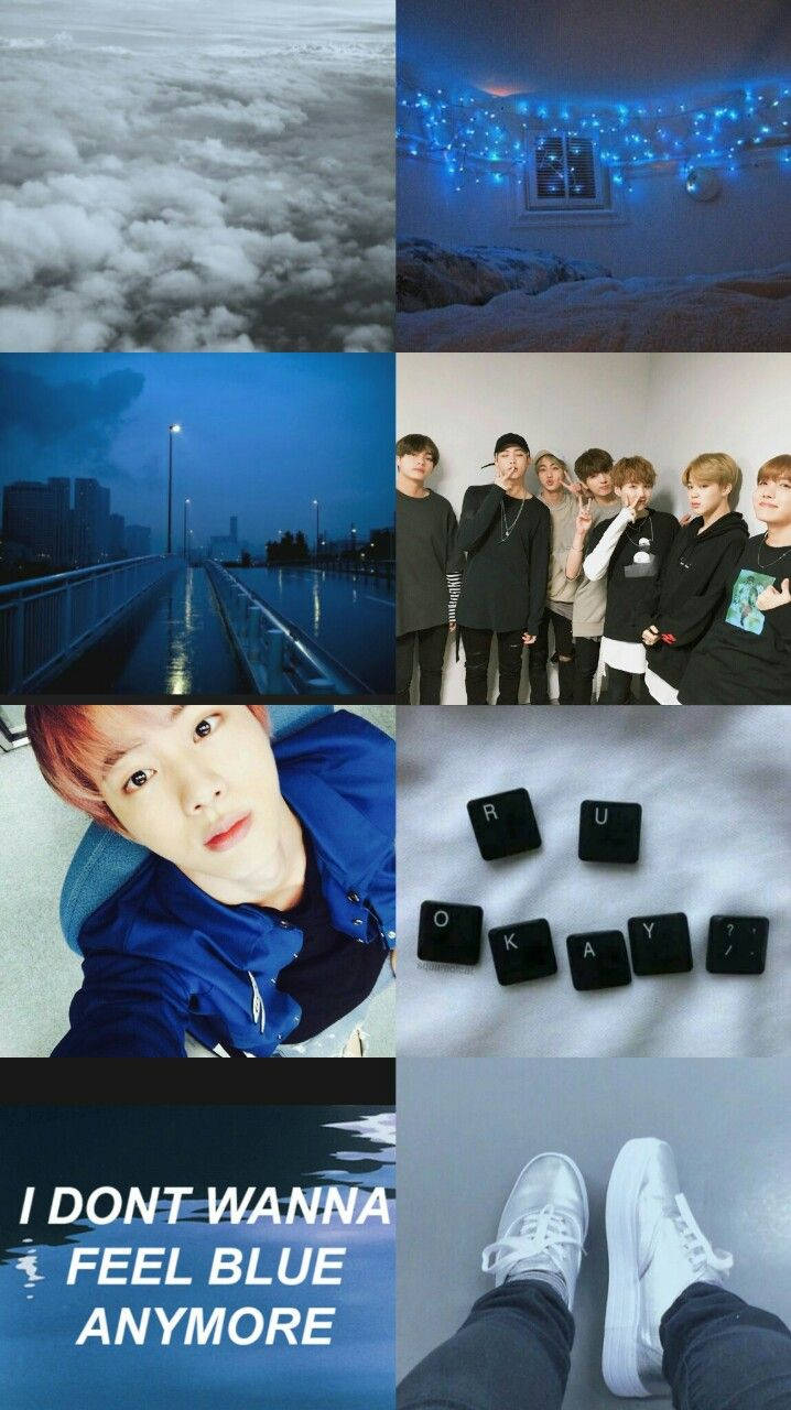 BTS 美學 桌布 壁紙 — 六張圖片的拼貼：從上方看的雲、雪地房間中的藍色串燈、夜晚的城市橋樑、K-pop團體、穿著藍色外套的人，以及拼出「RU OKAY？」的鍵盤按鍵與白色運動鞋。
