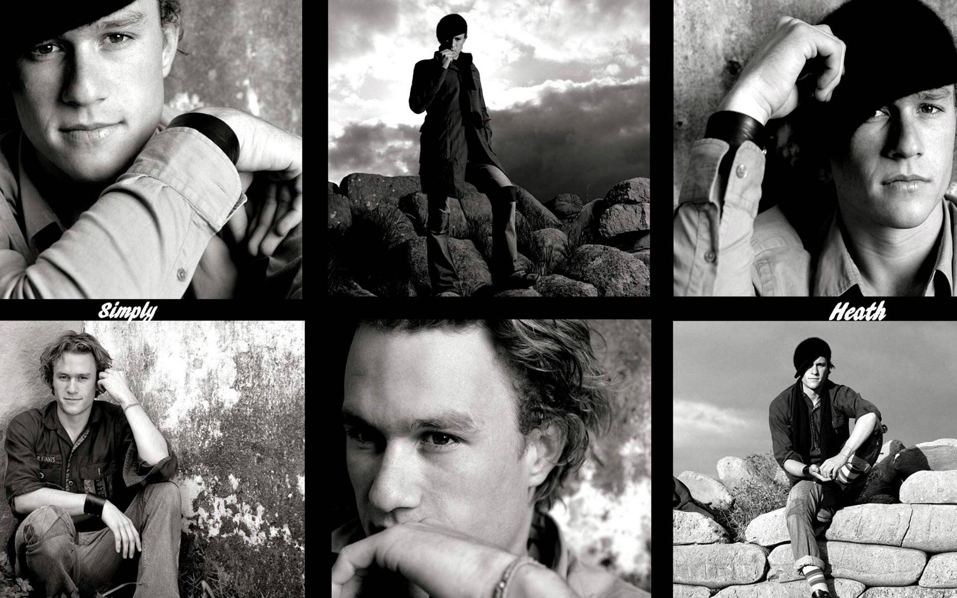 Heath Ledger 桌布 壁紙 — 六張希斯·萊傑的黑白肖像，以不同沉思姿態呈現，背景帶有紋理。