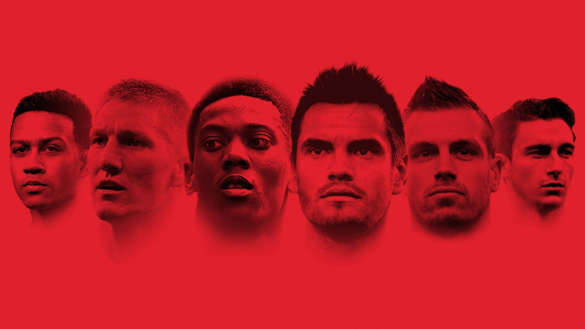 Anthony Martial 桌布 壁紙 — 六張強烈的男性面孔，以側面和正面視角，從大膽的紅色背景中浮現，帶有戲劇性的燈光效果。
