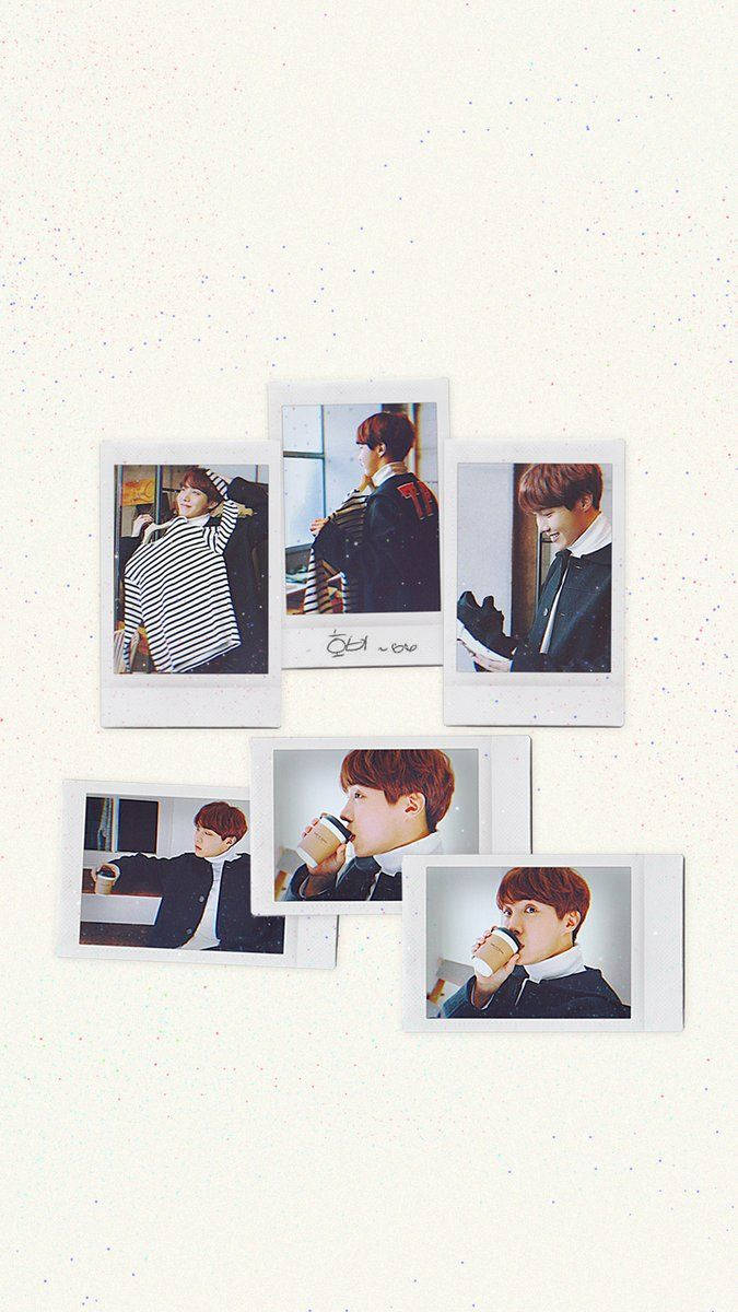 j-hope 桌布 壁紙 — 六張拍立得風格的照片，展示一位年輕男子以各種姿勢和服裝排列在斑駁的米白色牆上。