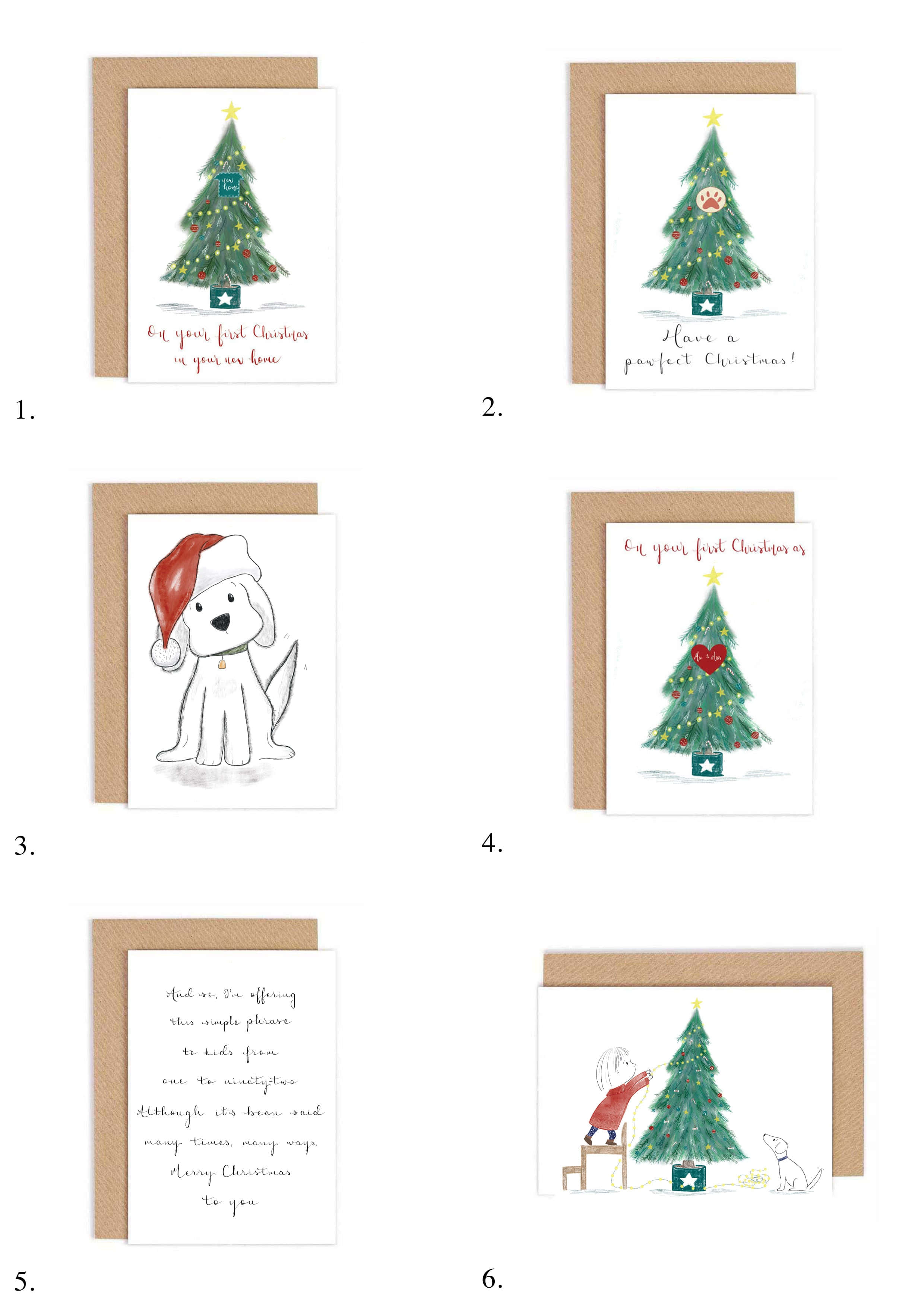 Christmas Card 桌布 壁紙 — 六張插圖聖誕卡，上面有裝飾樹、狗和節日訊息，白色背景，棕色信封。